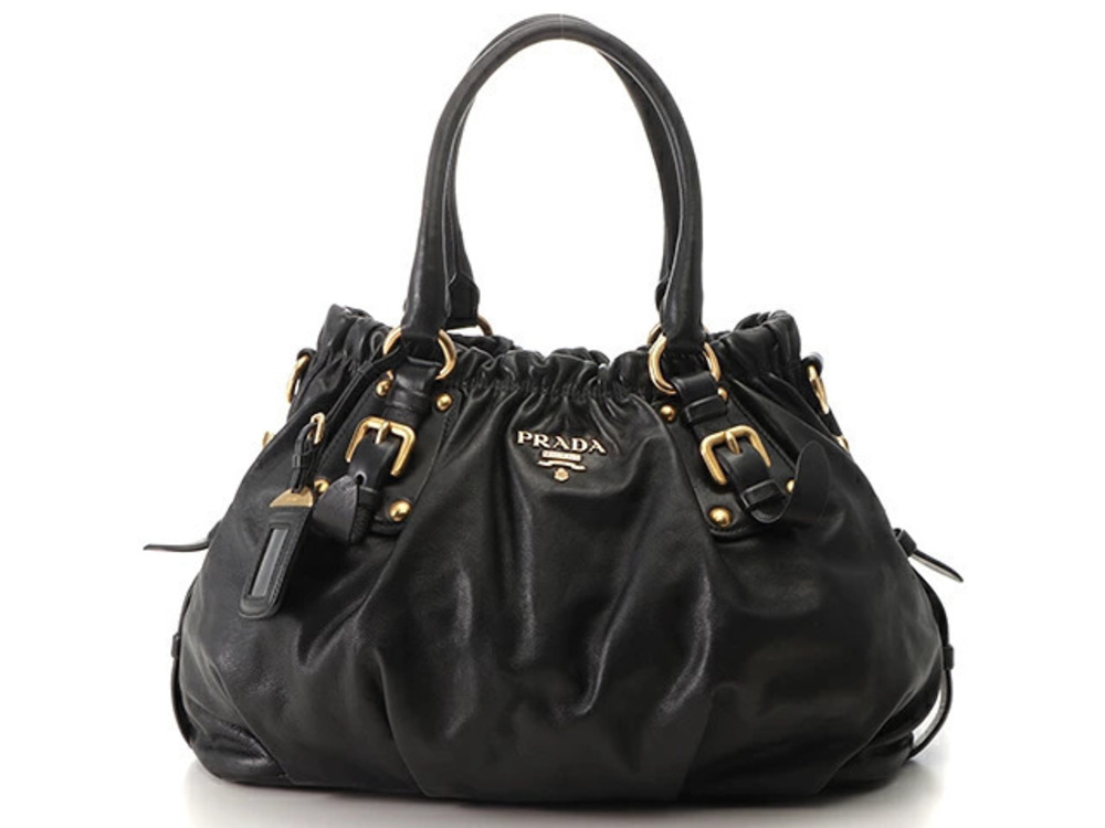 Prada black soft calfskin satchel side buckle gathered leather
